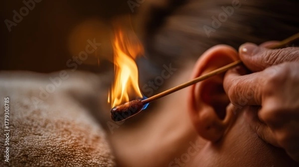 Fototapeta Fire Ear Candling. A hand holding a flaming stick near an ear, illustrating a unique wellness practice.