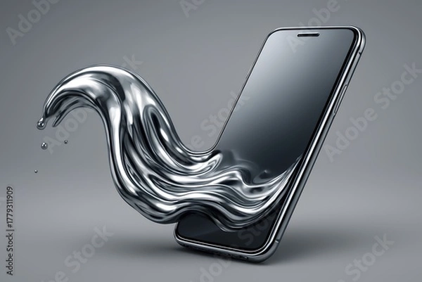 Fototapeta Fluid design concept featuring a smartphone and flowing liquid