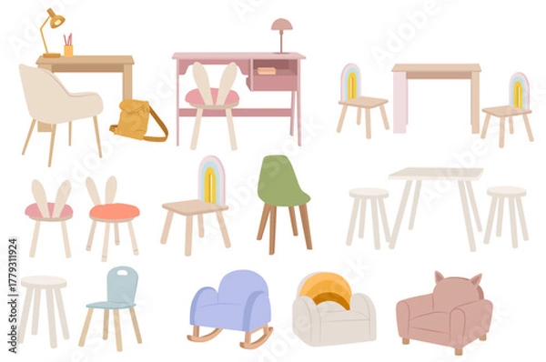 Fototapeta Kids chairs, tables and desks vector set. Modern children furniture collection for playroom and nursery interior design.