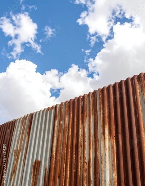 Fototapeta Rusty corrugated metal wall under a cloudy sky