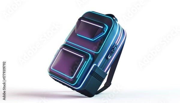 Fototapeta Futuristic digital backpack design illuminated with bright neon accents hovers against a white background