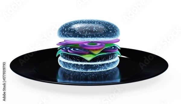 Obraz Glowing digital representation of a stacked sandwich served on a dark circular dish against a white background