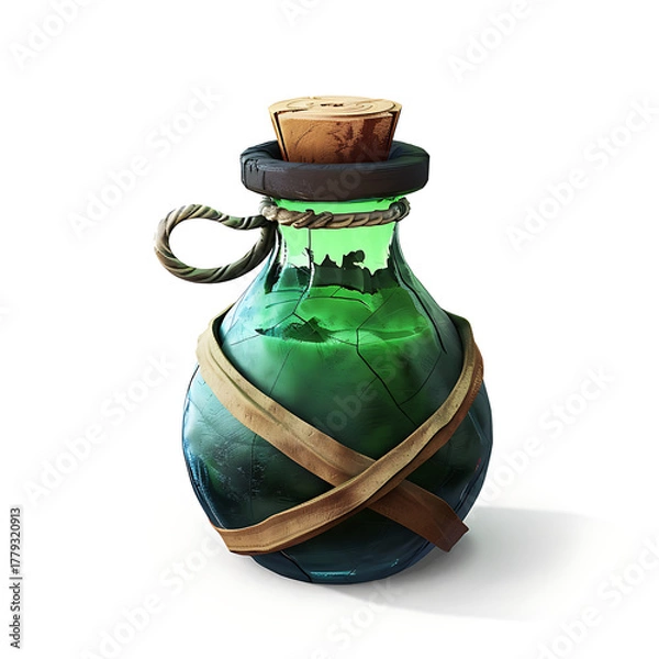 Fototapeta A detailed illustration of a green potion bottle with a cork stopper and a leather strap.