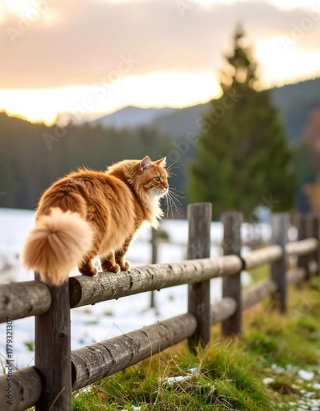Obraz Fluffy orange cat on a wooden fence