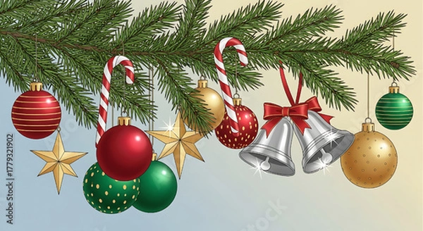 Obraz Festive Christmas Ornaments Hanging on Evergreen Branch Decoration