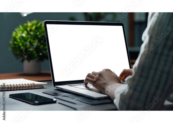 Fototapeta Hands typing on laptop keyboard at modern office desk, showcasing technology and productivity for business success and online work