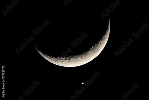 Fototapeta Close Up Astronomical Photo of Crescent Moon and Brilliant Venus Conjunction in Black Night Sky