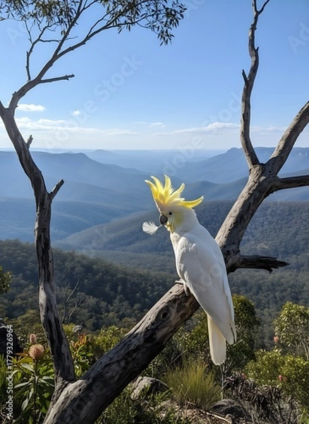 Obraz A white cockatoo perched on a branch, overlooking a mountain range