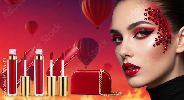 Fototapeta A dazzling beauty statement. Silver and black eye details. Bold and beautiful. The essence of true beauty. Premium cosmetic selections. Radiant and fresh appearance. Expertly applied makeup.