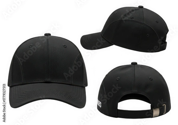 Fototapeta Three black baseball caps shown from multiple angles versatile headwear fashion accessory transparent background