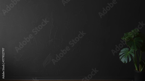 Obraz dark concrete wall texture background with monstera leaves, natural pattern