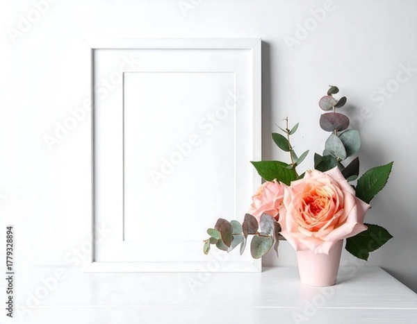 Obraz A white framed photo sits with a vase of blush-colored roses