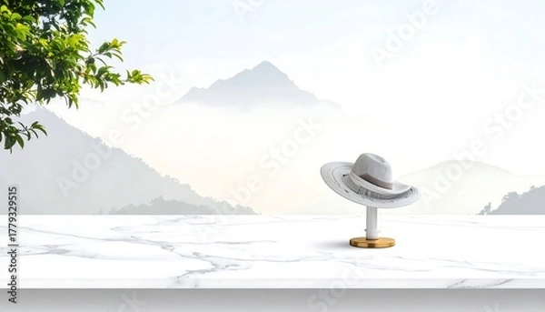 Obraz A white hat displayed on a stand atop a marble surface with mountains behind