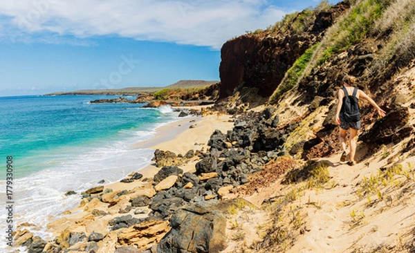Fototapeta Female Hiker on Volcanic Landscape of Pohakumauliuli Beach, Molokai, Hawaii, USA
