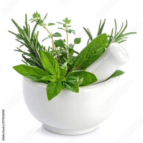 Obraz A white mortar filled with assorted fresh green herbs