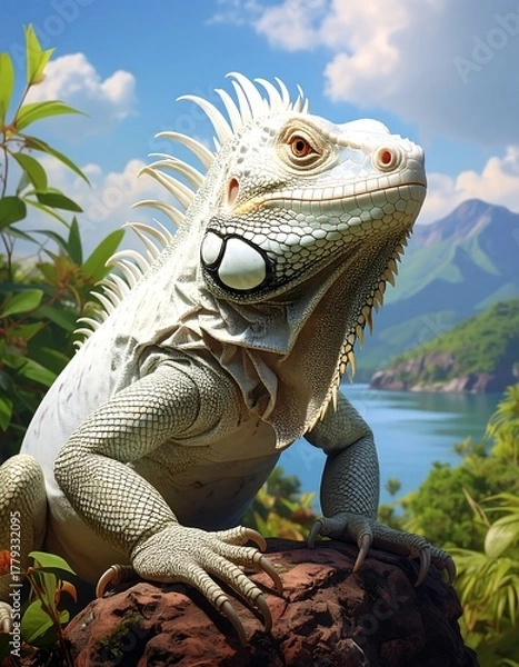 Obraz A white iguana poses, lush greenery with water and mountains visible