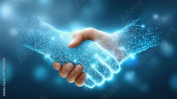 Fototapeta Business ecosystem and collaboration concept. A digital handshake symbolizes collaboration and connection, with hands made of glowing particles against a blue background.