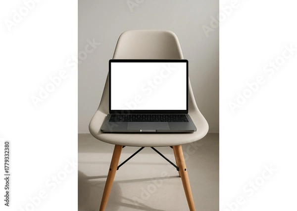 Fototapeta Modern laptop on stylish chair ready for creative work, online learning, or digital business in a minimalist studio setting, blank screen