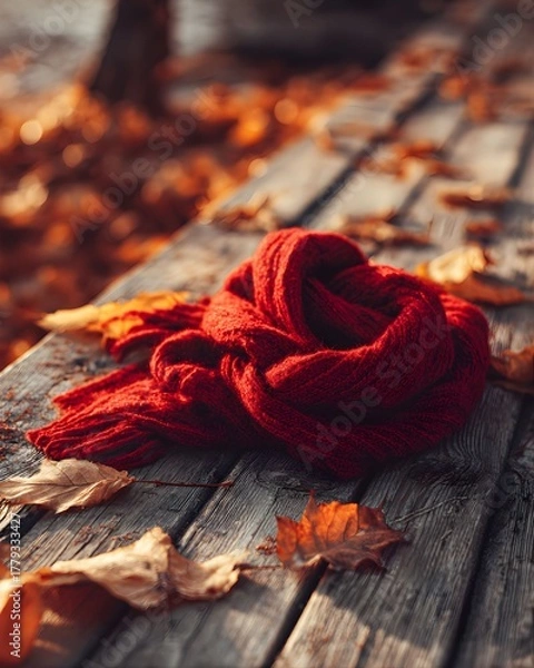 Obraz Cozy Red Knitted Wool Scarf Lying on a Wooden Bench Covered with Autumn Leaves