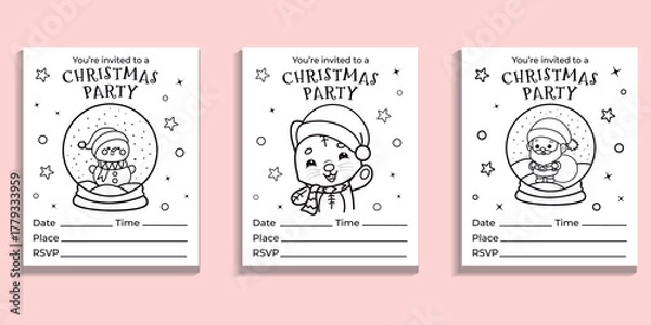 Obraz Set of Christmas party invitations, vector cute holiday coloring page