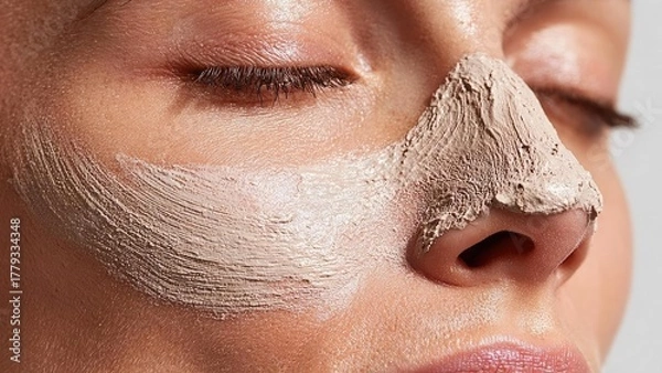 Obraz Close-up of a person with a clay facial mask smeared on the cheeks and nose. Concept Clay mask close-up, Facial skincare, Spa portrait, Skincare routine, Textured skin