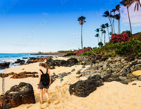 Obraz Female Tourist Near Tide Pools on Kepuhi Beach, Molokai, Hawaii, USA