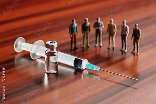 Fototapeta A Macro Photograph of a Medical Vaccination Vial and Syringe with Miniature People in the Background