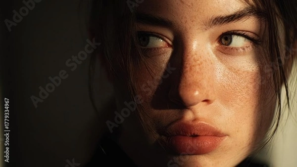 Fototapeta Close-up of a freckled woman's face bathed in warm light, looking to the side. Concept Freckled close-up portrait, Warm side-lit beauty, Woman looking to the side, Natural makeup soft glow