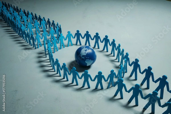 Fototapeta A Minimalist Social Diversity and Global Community Concept with Paper Figures Surrounding a World Globe