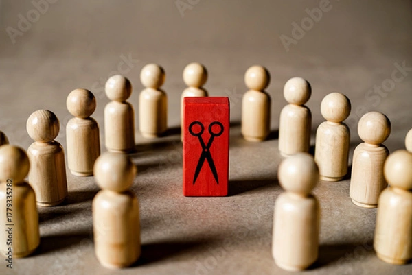 Fototapeta A Minimalist Business Concept Photograph of Wooden Figures Surrounding a Red Scissor Symbol Block