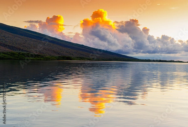 Fototapeta Sunrise Reflection Across Kamalo Harbor, Molokai, Hawaii, USA