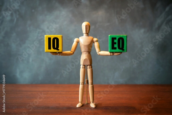 Fototapeta A Cinematic Ultra High Resolution Photograph of a Wooden Mannequin Balancing Yellow IQ and Green EQ Blocks