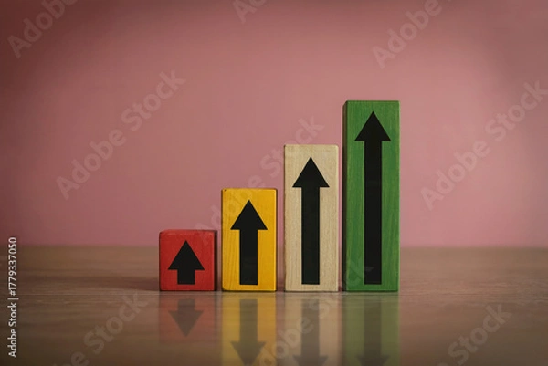 Fototapeta A Minimalist Business Growth Chart Made of Colored Wooden Blocks Showing an Upward Trend