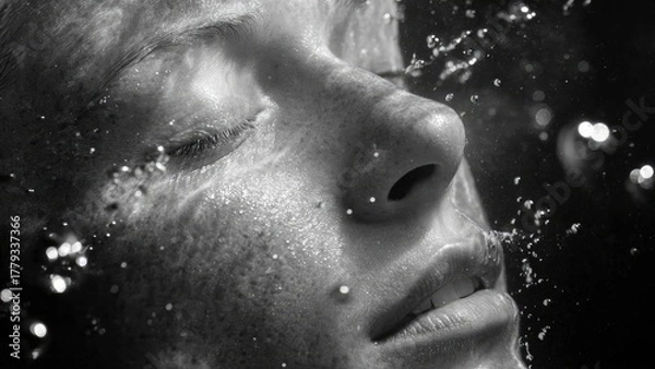 Fototapeta Close-up of a person's face with water droplets splashing on the skin, eyes closed, nose and lips visible. Concept Close-up portrait, Water droplets on skin, Eyes closed, Wet skin texture