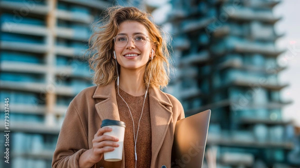 Fototapeta Creative professional with glasses and coat carrying device and hot drink, brisk autumn commute between client meetings