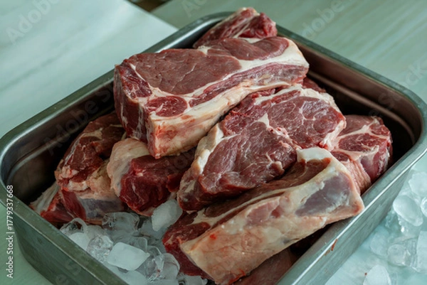 Fototapeta A Close-Up Photograph of Raw Meat Cuts Including Steak Placed in a Metal Tray on a Bed of Ice
