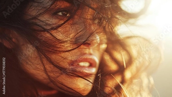 Fototapeta Close-up of a woman’s face with wind-swept hair and warm sunlight, lips slightly parted. Concept Close-up portrait, Wind-swept hair, Golden hour light, Warm sunlight, Lips parted slightly