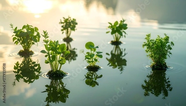 Obraz Plants Floating on Calm Water at Dawn