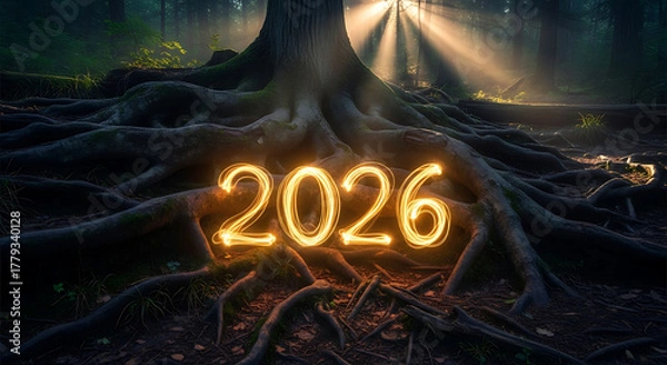 Obraz Illuminated 2026 new year message in mystic forest scenery concept