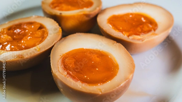 Fototapeta Soy-marinated ajitsuke tamago eggs halved on a plate, revealing creamy, succulent yolks. Perfect for ramen topping or appetizer. Rich, flavorful, and authentic.