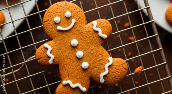 Obraz Freshly Baked Gingerbread Man Cookie with White Icing Decoration Resting on a Cooling Rack