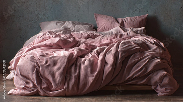 Fototapeta A messy bed with pink bedsheets and pillows, suggesting relaxation and comfort. The sheets are wrinkled and rumpled, implying a sense of ease
