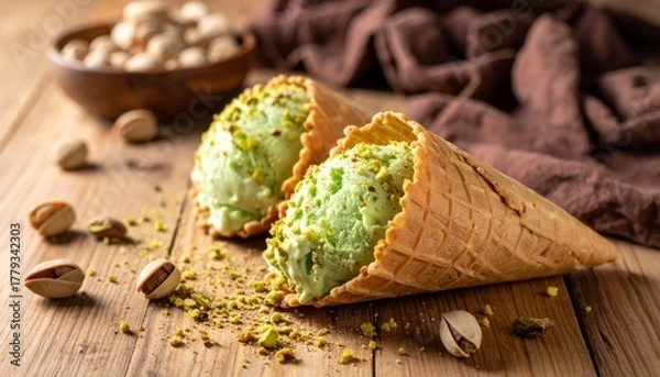 Fototapeta Pistachio ice cream in a wafer, pistachio crumbs on the ice cream, pistachios, shells, wafer crumbs scattered around, light wooden brown table, brown cloth.