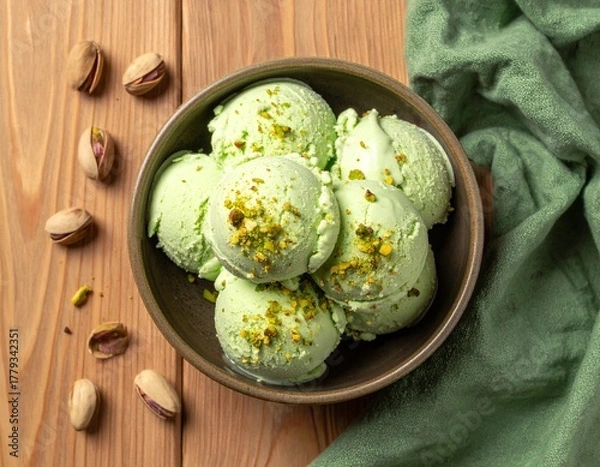 Fototapeta Pistachio ice cream scoops in a bowl, pistachio crumbs on the ice cream, pistachios and shells scattered around, light wooden brown table, green cloth, top view.