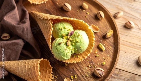 Fototapeta Pistachio ice cream in a wafer, pistachio crumbs on the ice cream, pistachios, shells, wafer crumbs scattered around, light wooden brown table, brown cloth, top view.