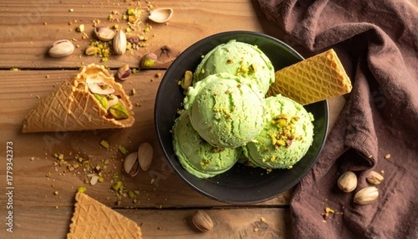 Fototapeta Pistachio ice cream with a wafer, pistachio crumbs on the ice cream, pistachios, shells, wafer crumbs scattered around, light wooden brown table, brown cloth, top view.