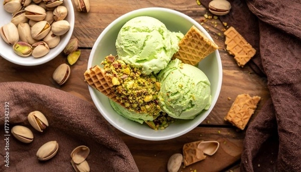 Fototapeta Pistachio ice cream with a wafer, pistachio crumbs on the ice cream, pistachios, shells, wafer crumbs scattered around, light wooden brown table, brown cloth, top view.
