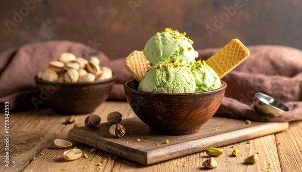 Fototapeta Pistachio ice cream with a wafer, pistachio crumbs on the ice cream, pistachios, shells, wafer crumbs scattered around, light wooden brown table, brown cloth.