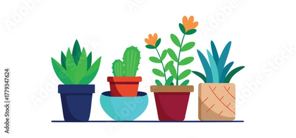 Fototapeta Vector Illustration of Cute Indoor Houseplants in Pots – Cartoon Potted Plants Set