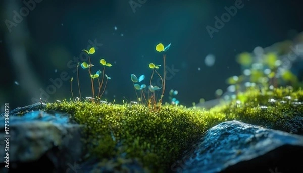 Fototapeta Tiny green sprouts emerge from moss-covered rocks